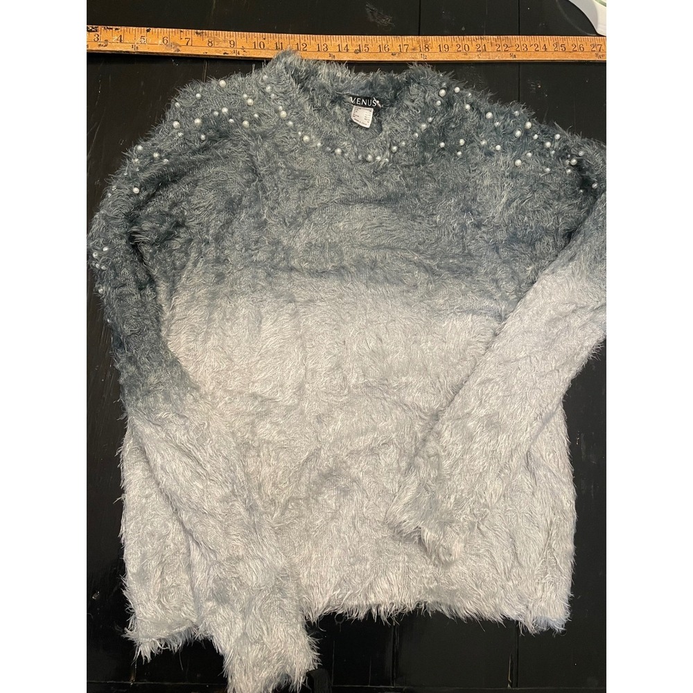 Venus Ombre Fuzzy Sweater Pearl Embellished Long Sleeve Pullover Top Women's M